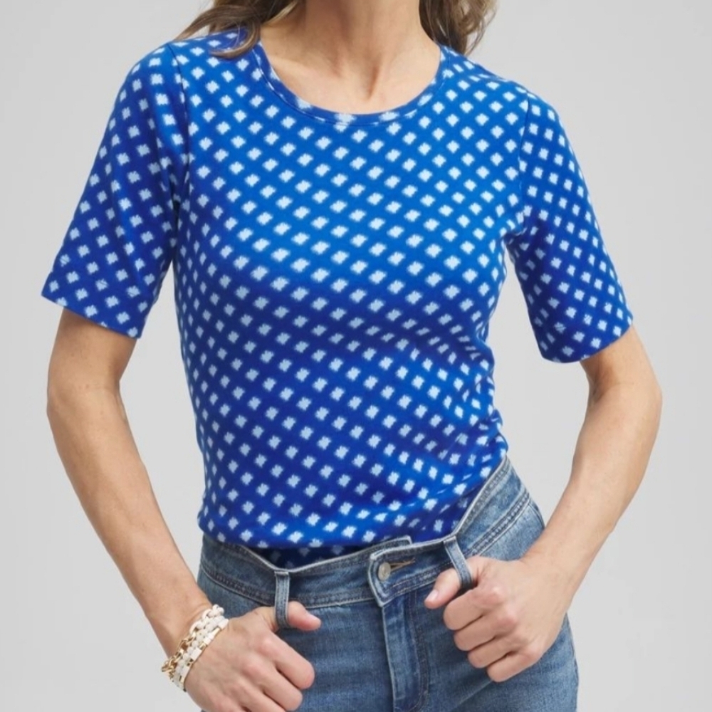 Chico's Cool Check Everyday  Blue and White Tee Size Mediun NwT.